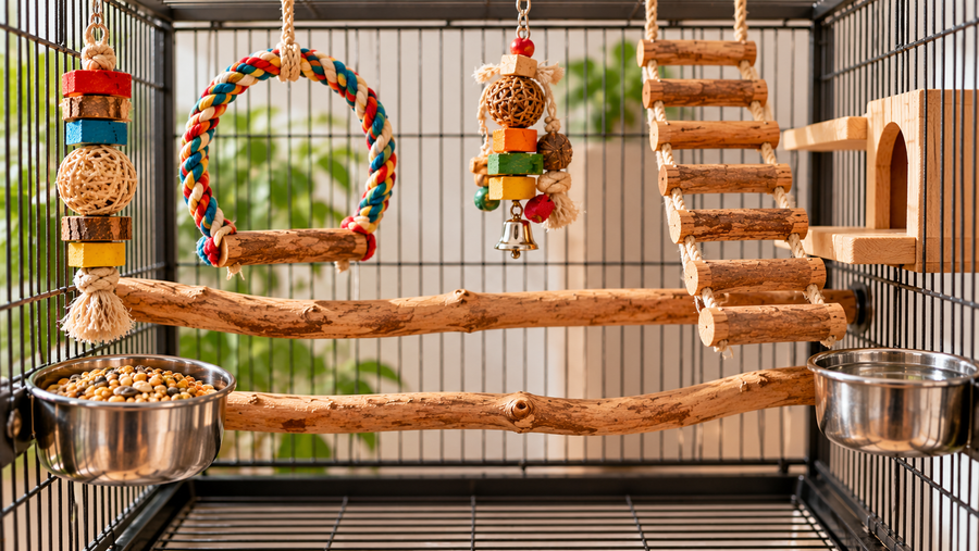 Neatly arranged bird cage interior