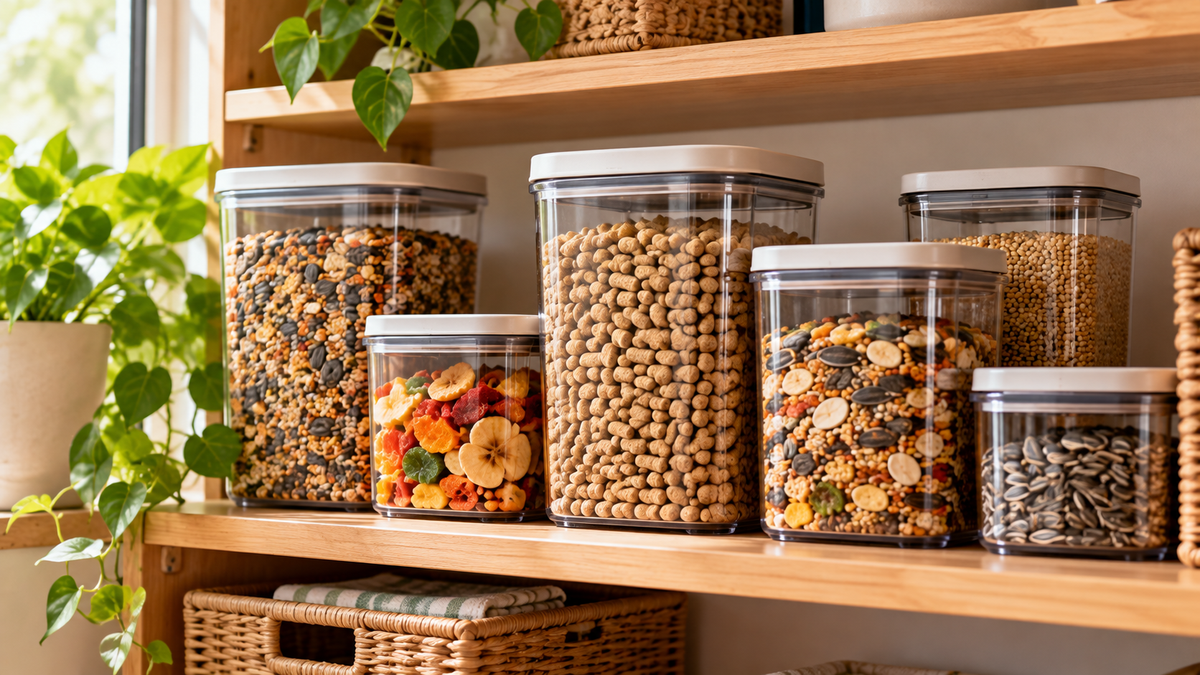 Bird food stored in airtight containers