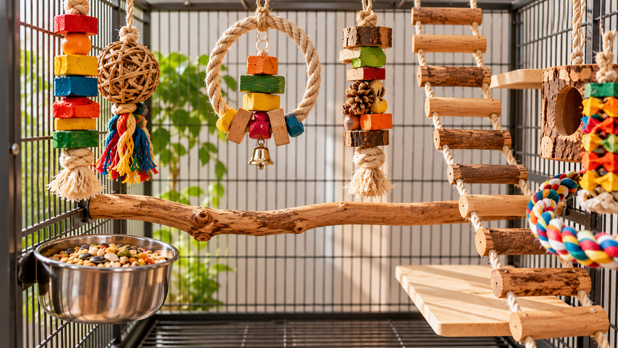 Conure cage setup with toys and perches