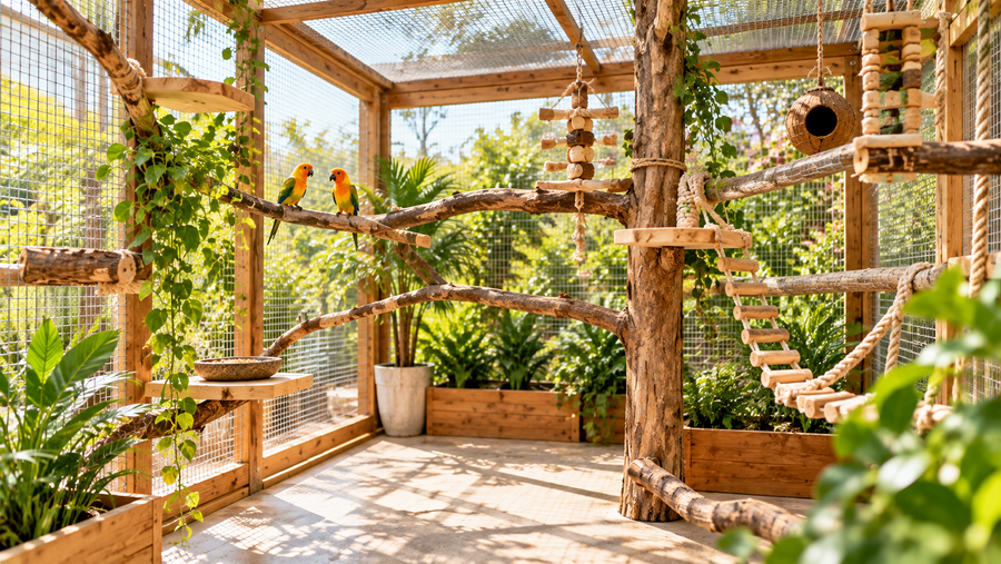 Spacious custom aviary with perches and natural branches