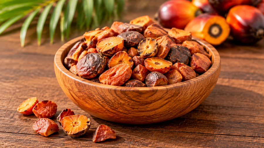 Dehydrated oil palm nuts in a bowl for parrots
