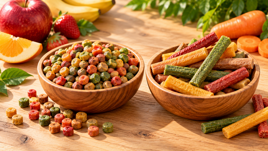 Fruit pellets and fruit sticks for parrots