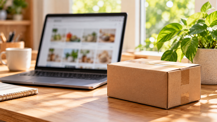 Laptop showing an online store with a parcel beside it