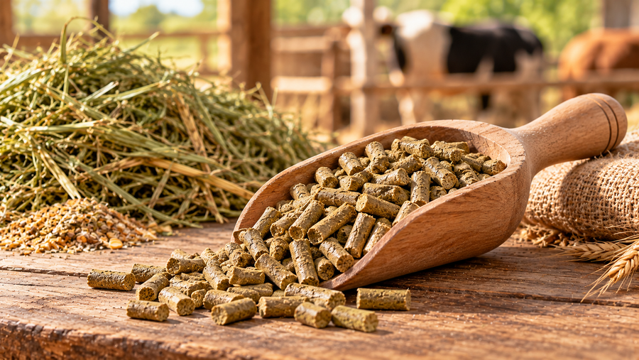 Feed pellets in a scoop on a farm table