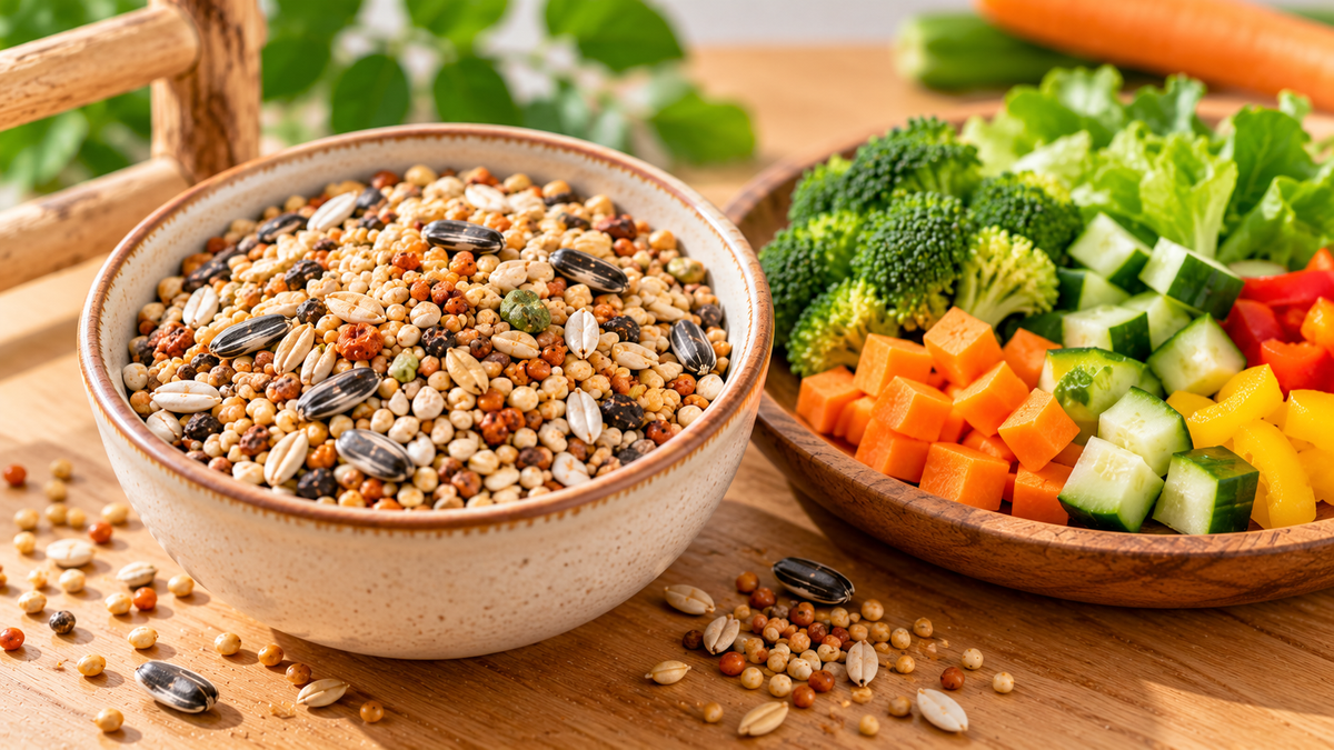 Seed mix and fresh vegetables for lovebirds