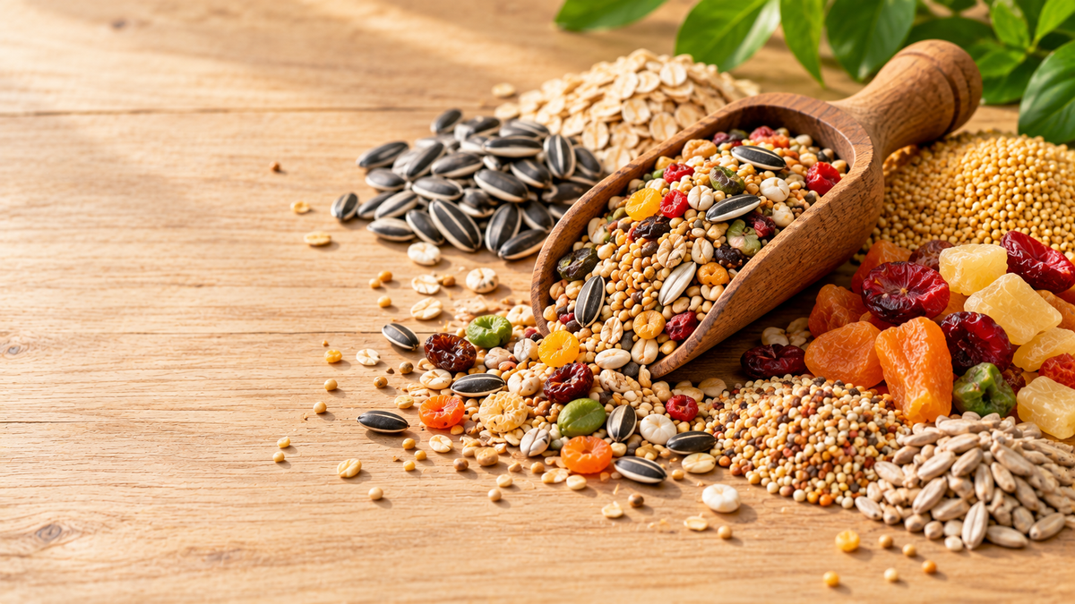 Natural seeds, grains and dried fruit for parrot food