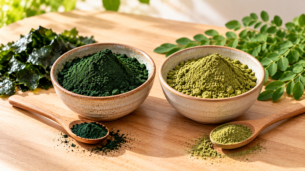Spirulina and moringa powder in small bowls