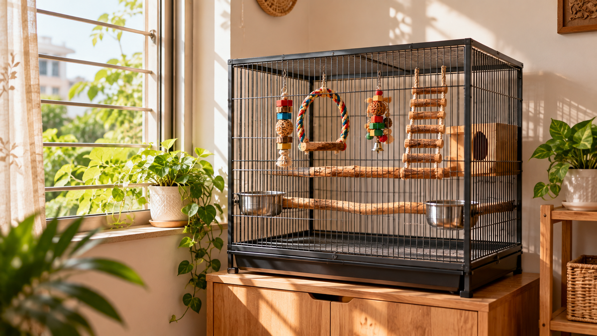 Bird cage placed in a bright shaded room