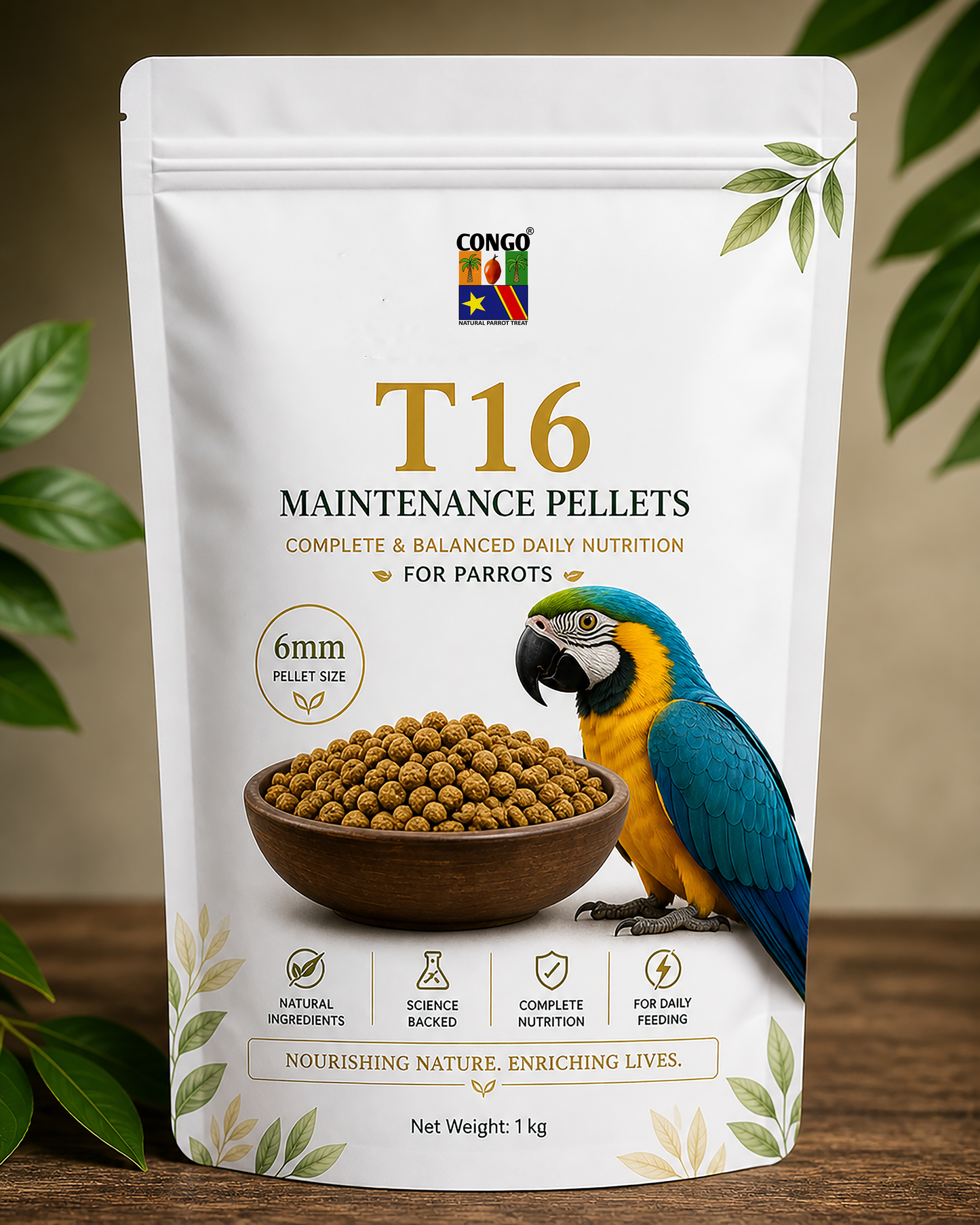 CONGO T16 Maintenance Pellets for Parrots | Complete & Balanced Daily Nutrition | 6mm Pellet Size | Natural Ingredients | No Artificial Colors | 1kg