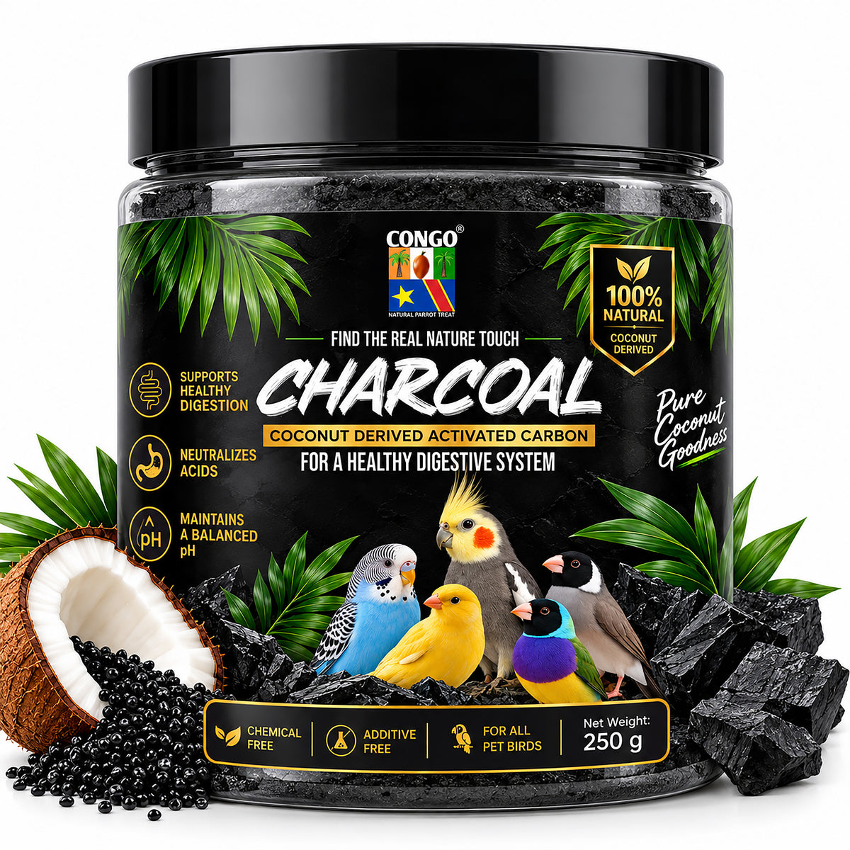 CONGO Charcoal for Birds – 250g | 100% Natural Coconut Derived Activated Carbon | Supports Healthy Digestion & Balanced pH | For Parakeets, Lovebirds, Cockatiels, Finches, Canaries & Conures