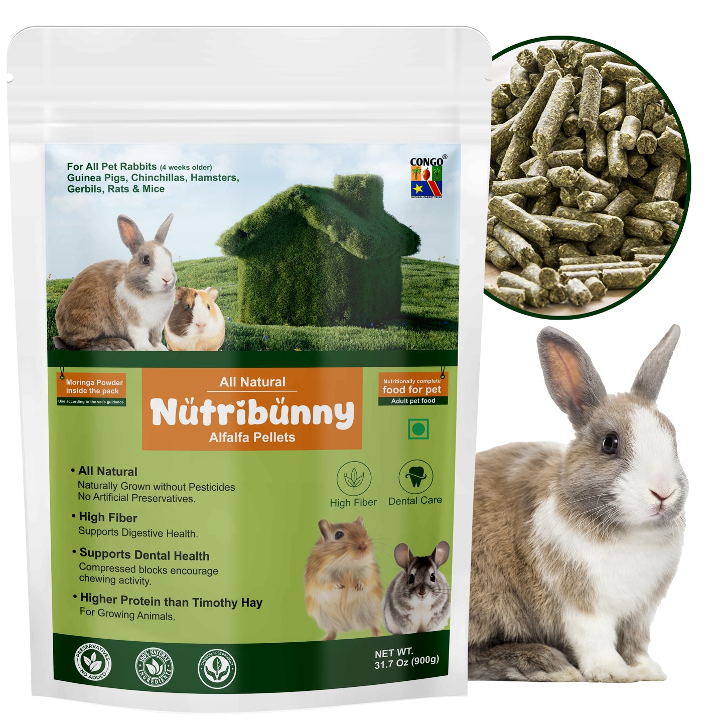 NutriBunny Alfalfa Pellets Daily Diet for Rabbits, Guinea Pigs, Chinchillas, Hamsters, Gerbils and Other, 900g