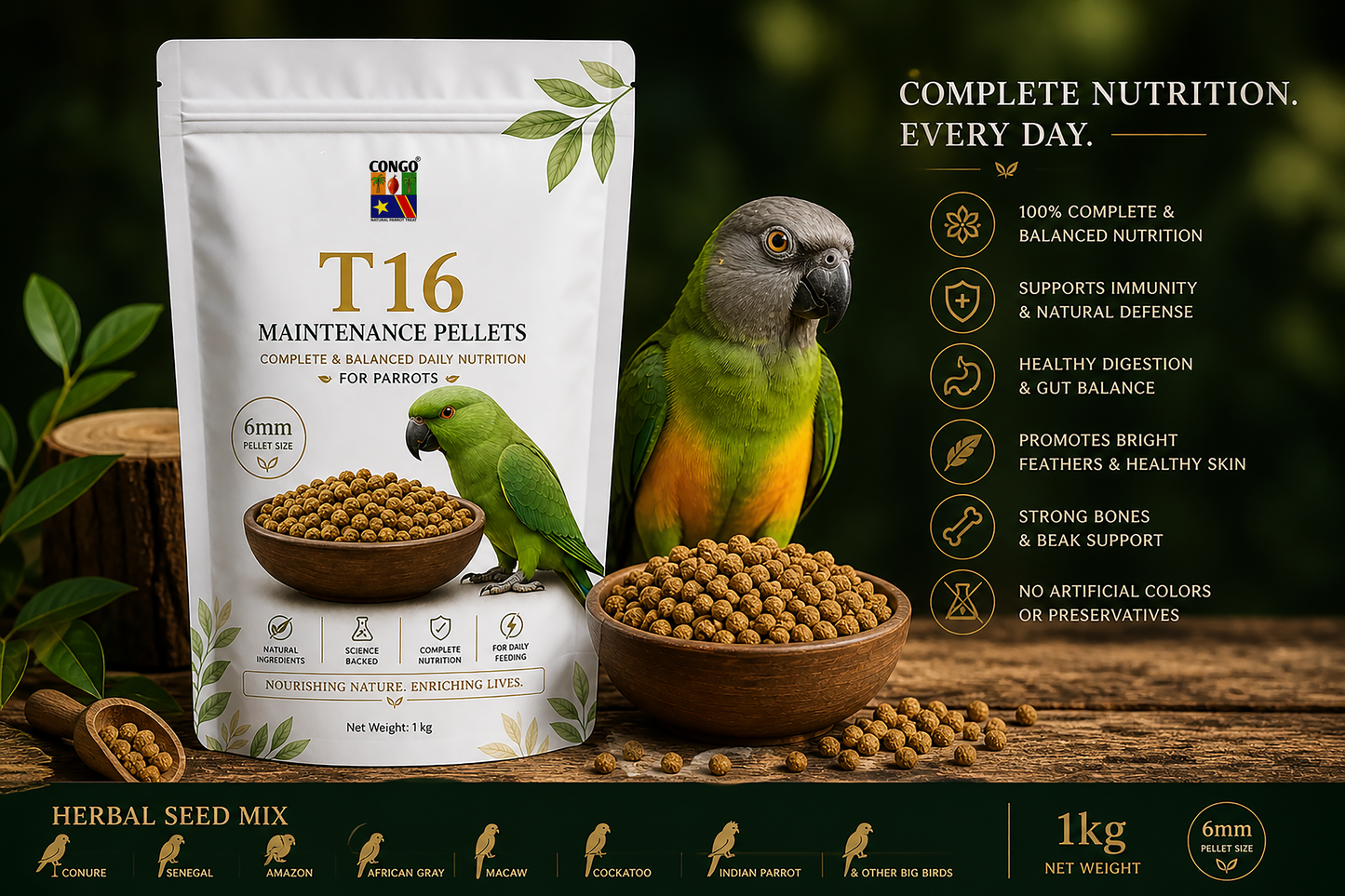 CONGO T16 Maintenance Pellets for Parrots | Complete & Balanced Daily Nutrition | 6mm Pellet Size | Natural Ingredients | No Artificial Colors | 1kg