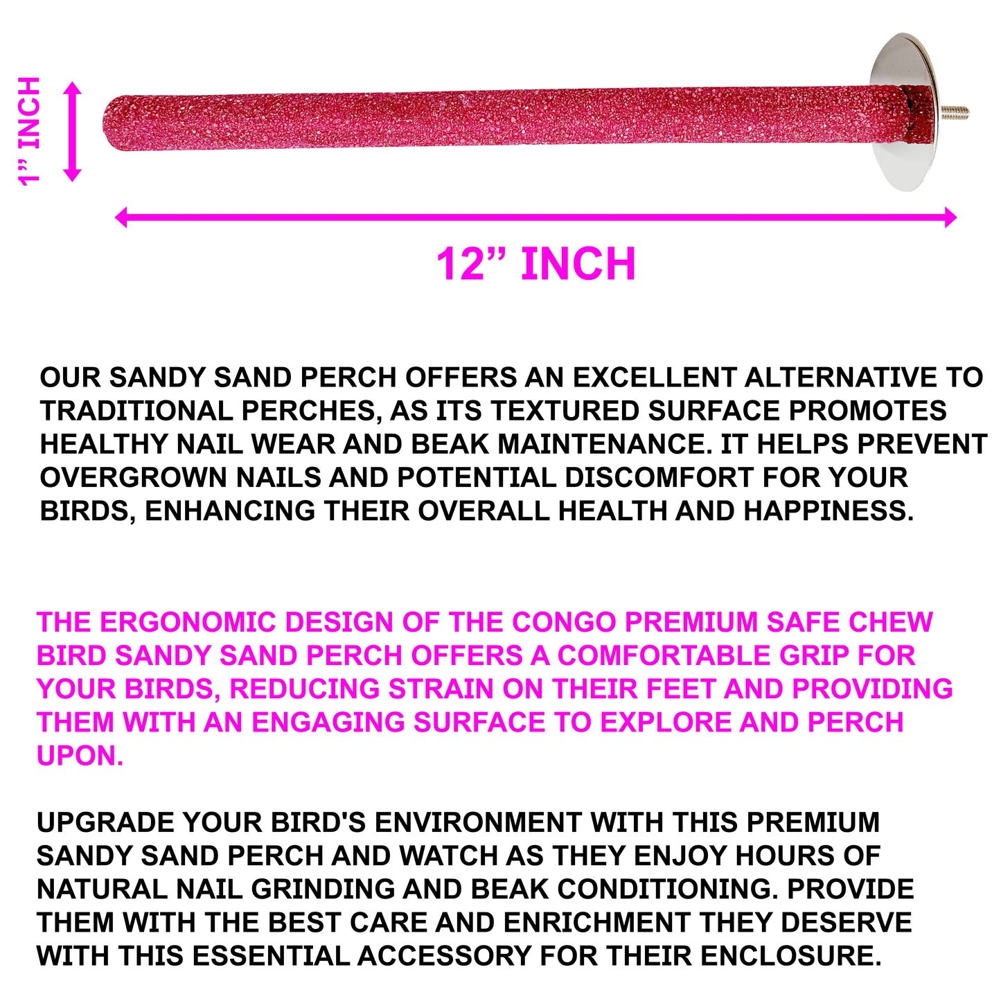 Congo Premium 12" Safe Chew Bird Sandy Sand Perch for Grinding Nail for Budgies, Lovebirds, Cockatiels, Conure and Other Small Birds