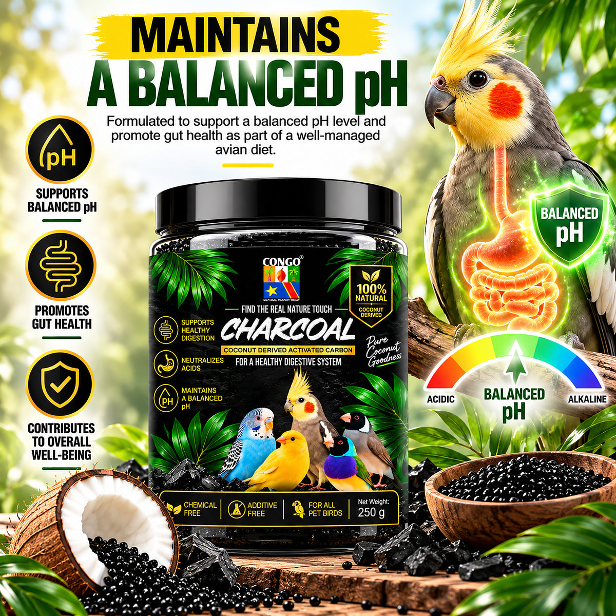 CONGO Charcoal for Birds – 250g | 100% Natural Coconut Derived Activated Carbon | Supports Healthy Digestion & Balanced pH | For Parakeets, Lovebirds, Cockatiels, Finches, Canaries & Conures