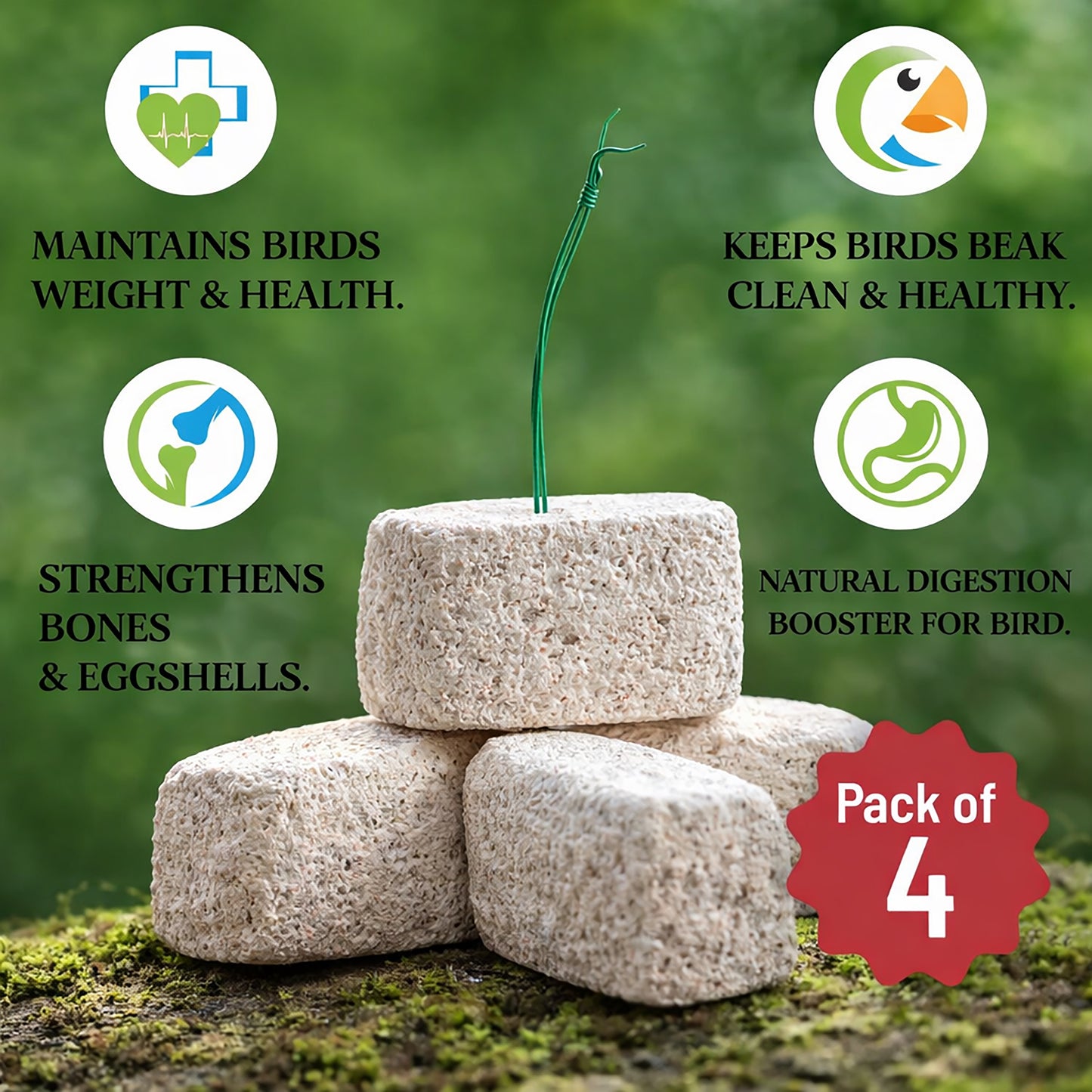 Bloc de Calcium Minéral à Base de Plantes Congo® avec de Super Avantages pour les Pinsons, Perruches Ondulées, Conures, Inséparables, Calopsittes, Gris d'Afrique, Aras, Cacatoès, Éclectus et Autres Oiseaux Paquet de 04 (1 Boîte)