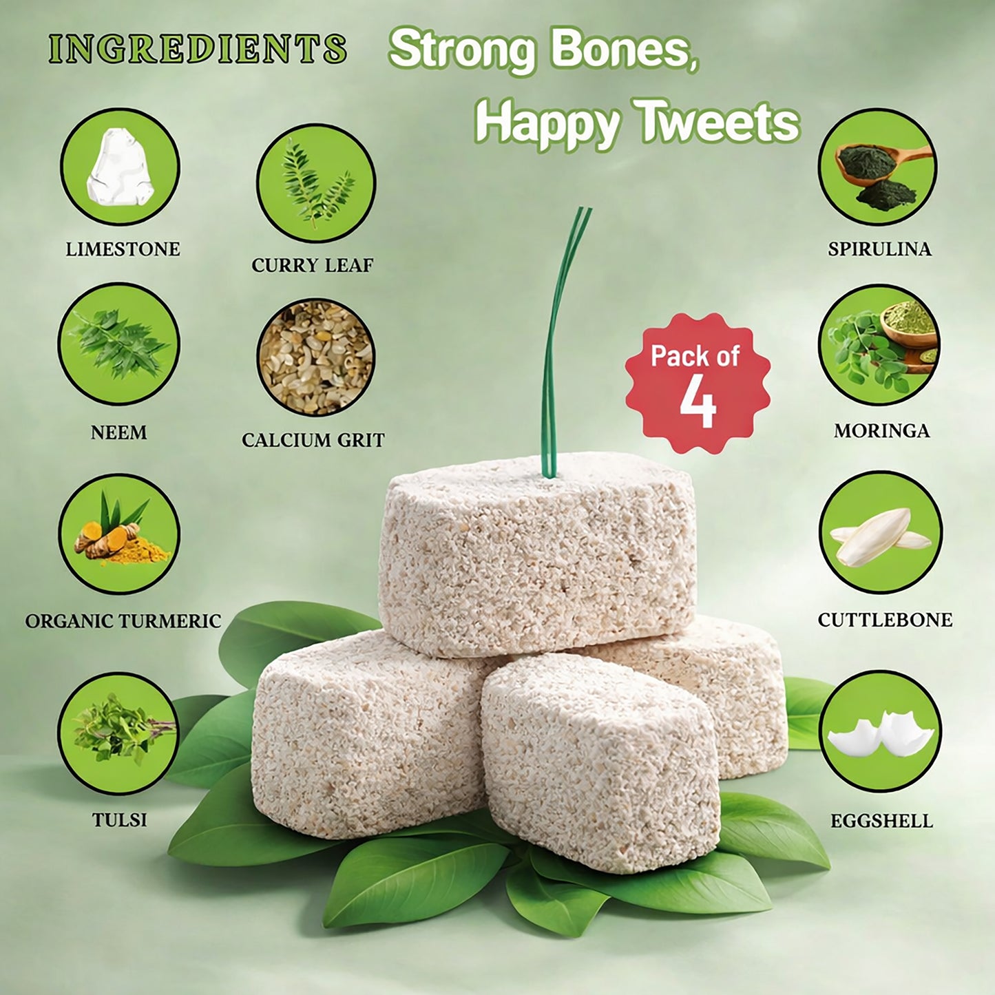 Bloc de Calcium Minéral à Base de Plantes Congo® avec de Super Avantages pour les Pinsons, Perruches Ondulées, Conures, Inséparables, Calopsittes, Gris d'Afrique, Aras, Cacatoès, Éclectus et Autres Oiseaux Paquet de 04 (1 Boîte)