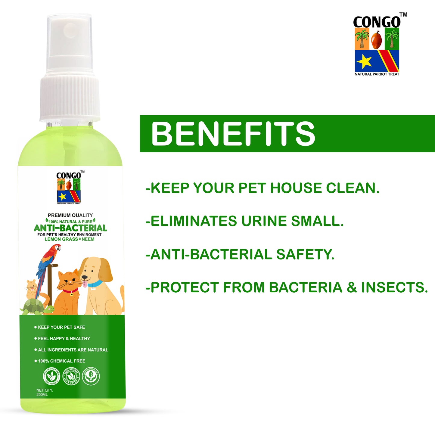 Congo Cage Cleaning Anti-Bacterial Spray for Dogs, Cats, Birds and Small Pets(Budgies, Cockatiels, Conure, African Grey, Amazon, African Grey, Macaw and Other Birds), 200ML