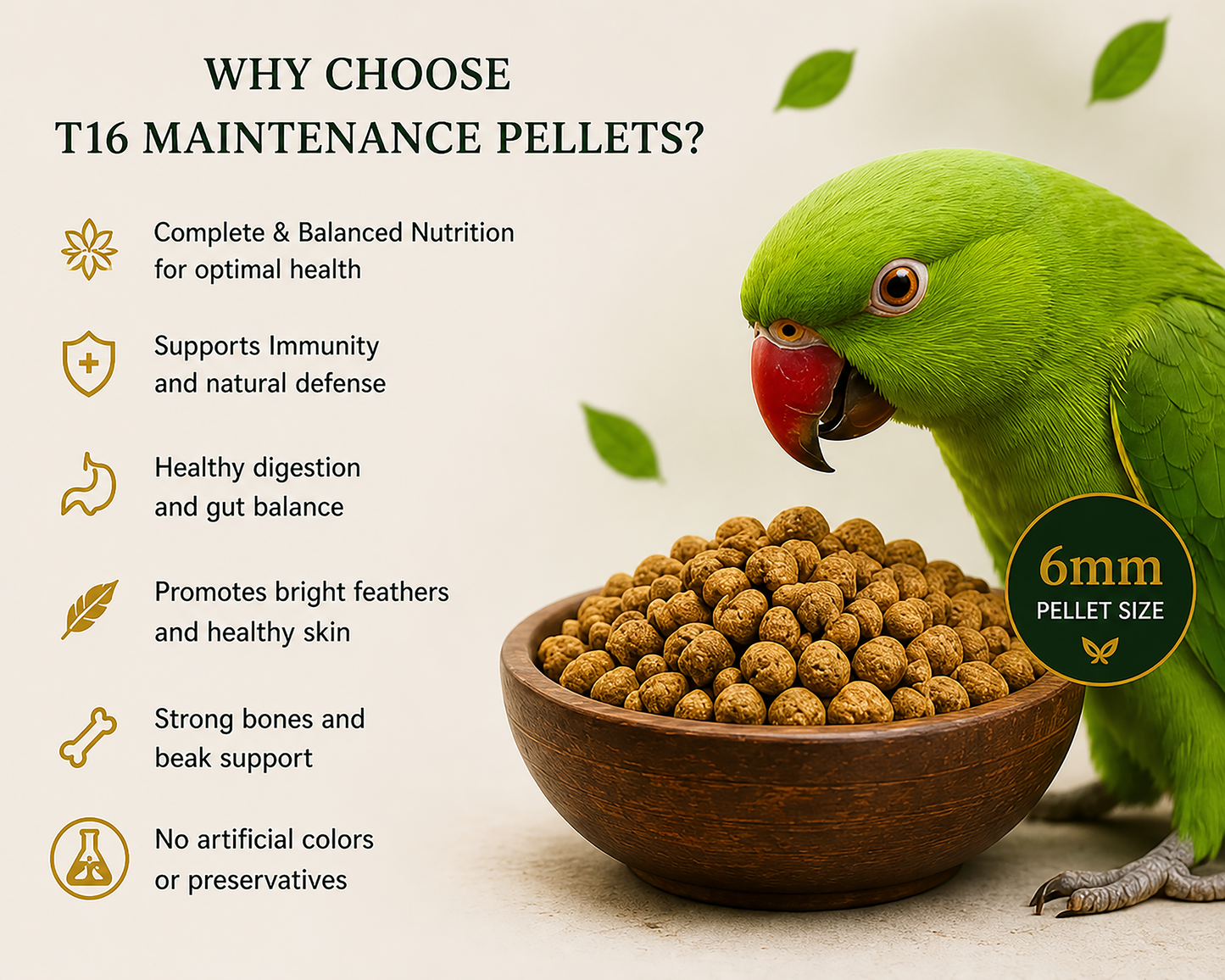 CONGO T16 Maintenance Pellets for Parrots | Complete & Balanced Daily Nutrition | 6mm Pellet Size | Natural Ingredients | No Artificial Colors | 1kg