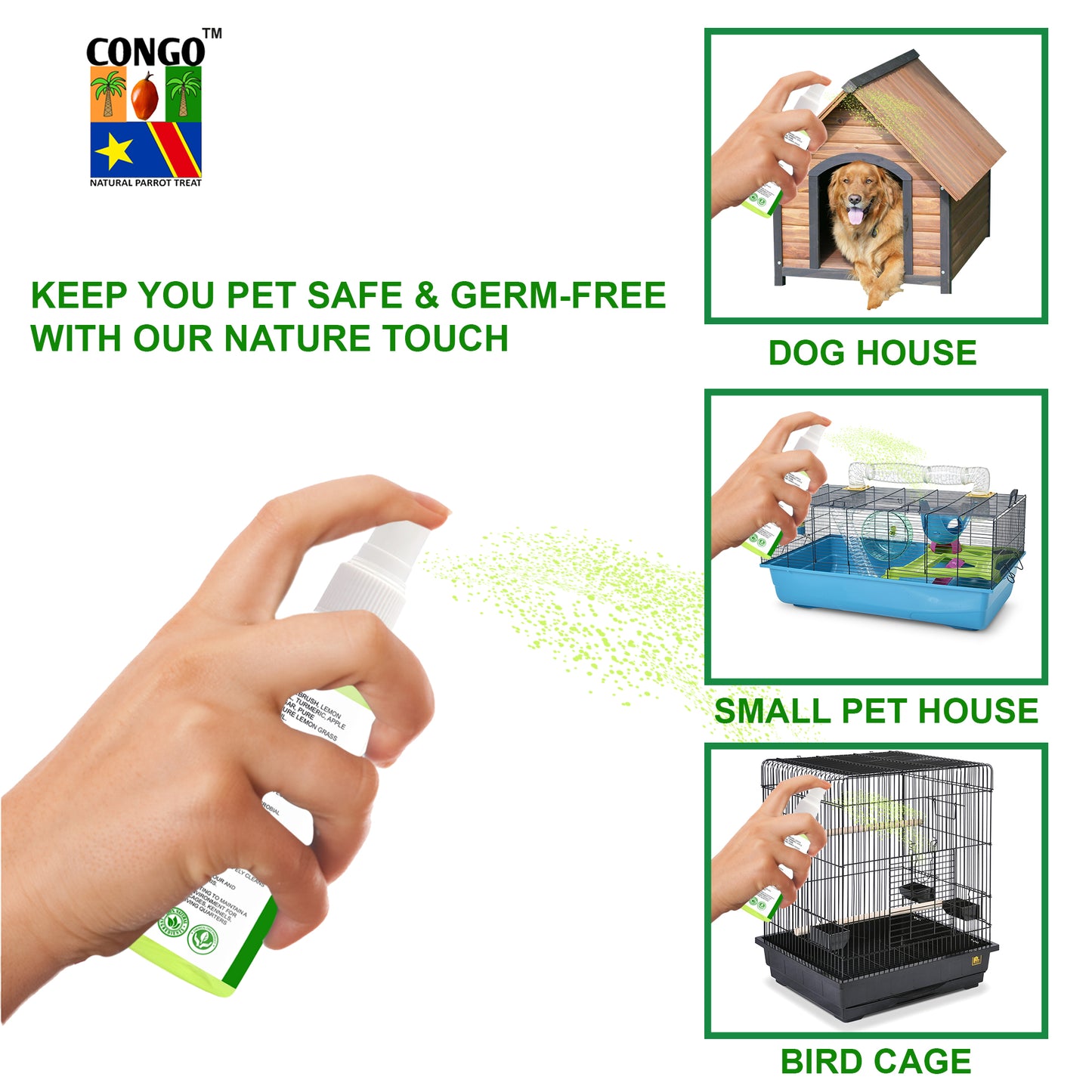 Congo Cage Cleaning Anti-Bacterial Spray for Dogs, Cats, Birds and Small Pets(Budgies, Cockatiels, Conure, African Grey, Amazon, African Grey, Macaw and Other Birds), 200ML