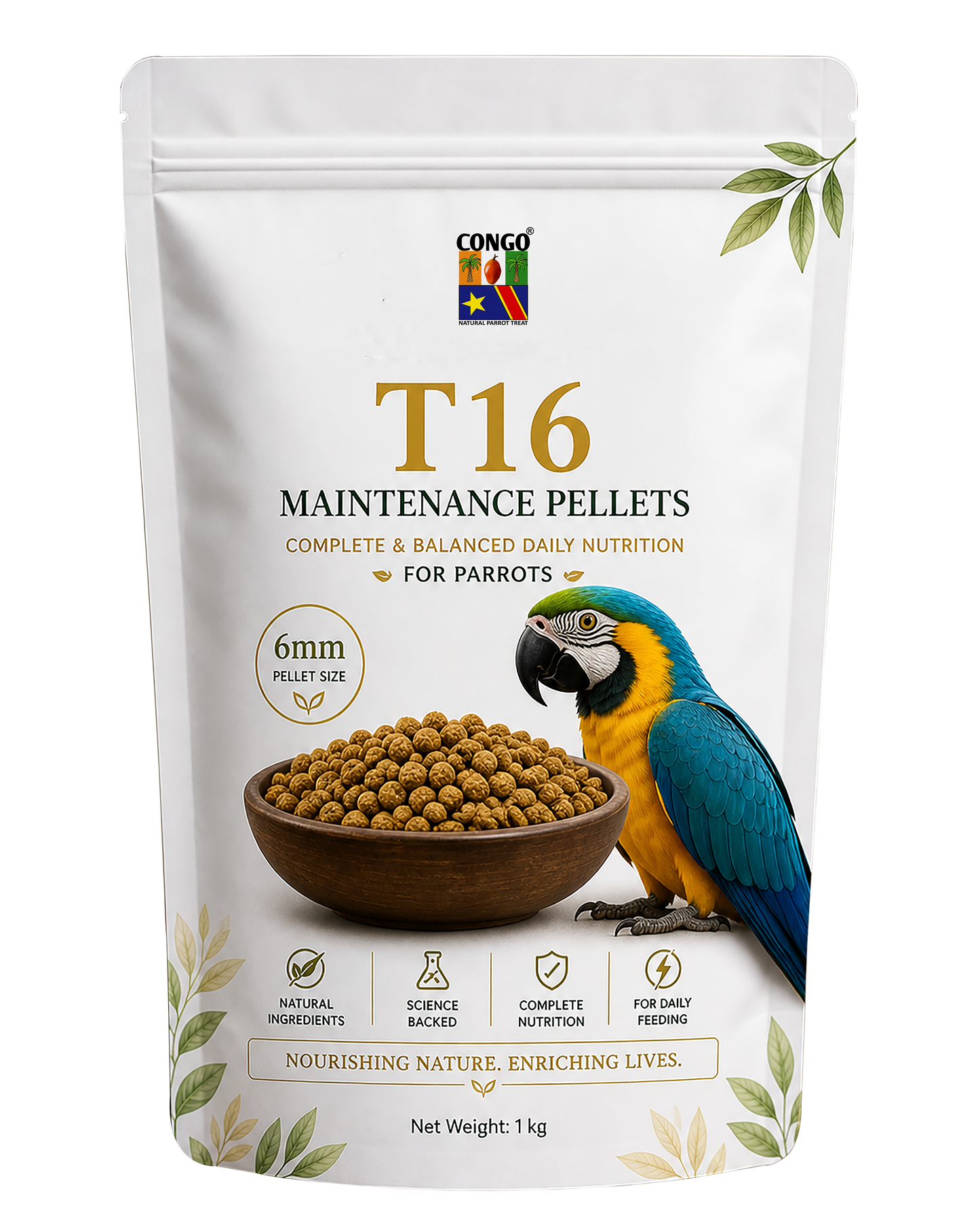 CONGO T16 Maintenance Pellets for Parrots | Complete & Balanced Daily Nutrition | 6mm Pellet Size | Natural Ingredients | No Artificial Colors | 1kg