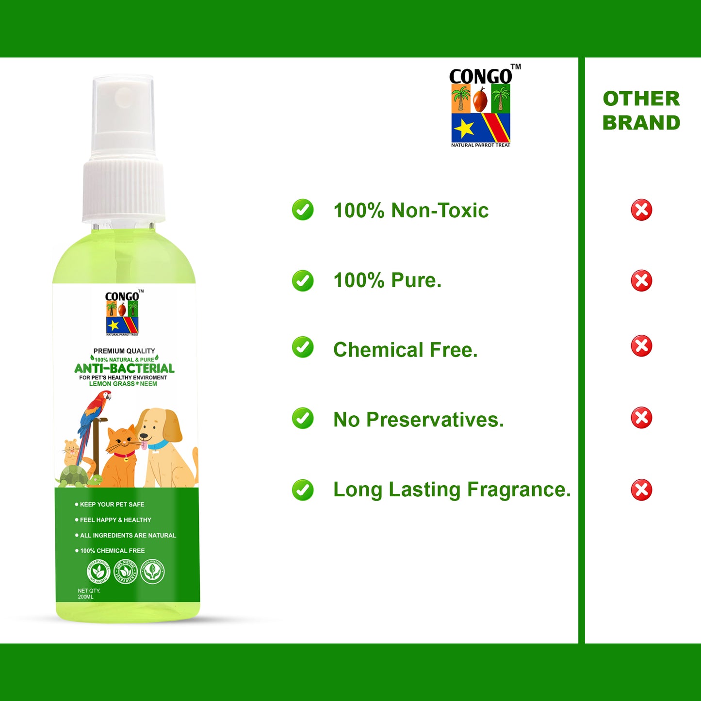 Congo Cage Cleaning Anti-Bacterial Spray for Dogs, Cats, Birds and Small Pets(Budgies, Cockatiels, Conure, African Grey, Amazon, African Grey, Macaw and Other Birds), 200ML