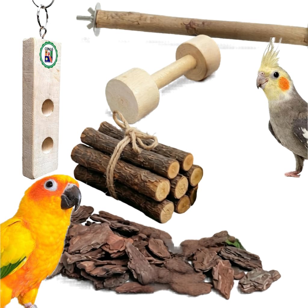 Natural Wooden Bird Toy Combo Set for Parrots, Cockatiels & Lovebirds | Chewing, Climbing & Perch Accessories | Cage Hanging Toys for Small & Medium Birds (5 Pieces)