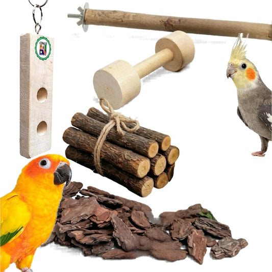Natural Wooden Bird Toy Combo Set for Parrots, Cockatiels & Lovebirds | Chewing, Climbing & Perch Accessories | Cage Hanging Toys for Small & Medium Birds (5 Pieces)
