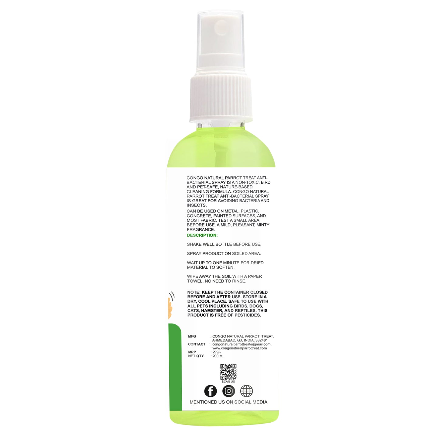 Congo Cage Cleaning Anti-Bacterial Spray for Dogs, Cats, Birds and Small Pets(Budgies, Cockatiels, Conure, African Grey, Amazon, African Grey, Macaw and Other Birds), 200ML