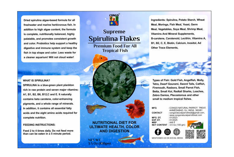Congo Supreme Spirulina Flakes High Nutrition Fish Food for All Types of Tropical-100gm
