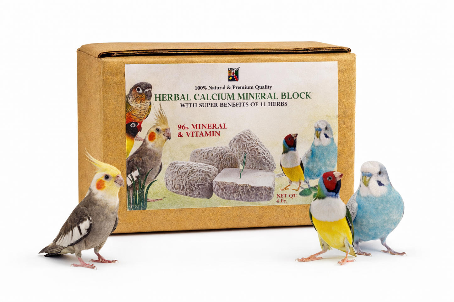 Bloc de Calcium Minéral à Base de Plantes Congo® avec de Super Avantages pour les Pinsons, Perruches Ondulées, Conures, Inséparables, Calopsittes, Gris d'Afrique, Aras, Cacatoès, Éclectus et Autres Oiseaux Paquet de 04 (1 Boîte)