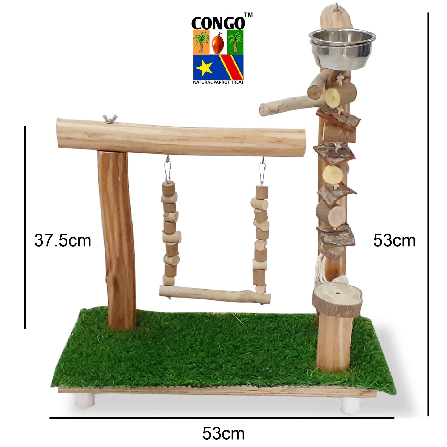 Congo Gym Playing Stand 53X53X37cm for Bird Eucalyptus Wood | with Hanging Toy and Swing for Conure, Amazon, African Grey, Macaw and Other Birds