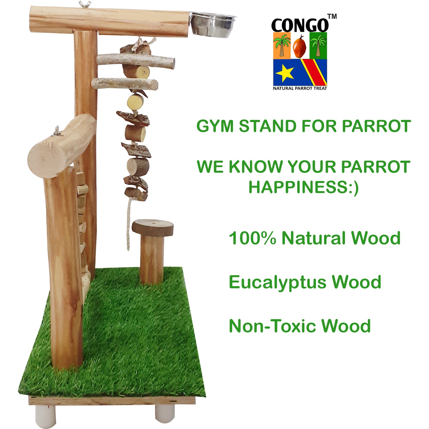 Congo Gym Playing Stand 53X53X37cm for Bird Eucalyptus Wood | with Hanging Toy and Swing for Conure, Amazon, African Grey, Macaw and Other Birds